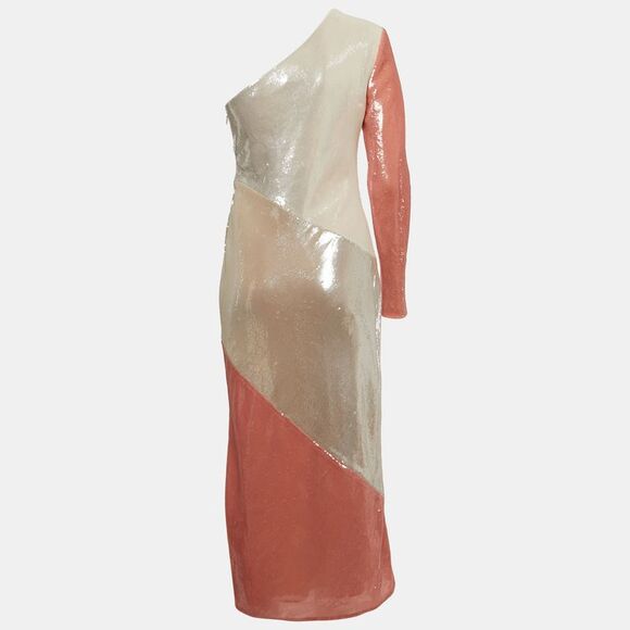 Diane Von Furstenberg Off-White/Orange Sequined One Shoulder Dress M - Picture 2 of 4